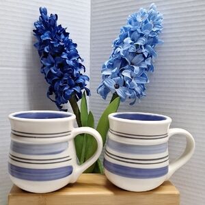#ABD Set Of 2 Striped Stoneware Mugs with Blue Accents